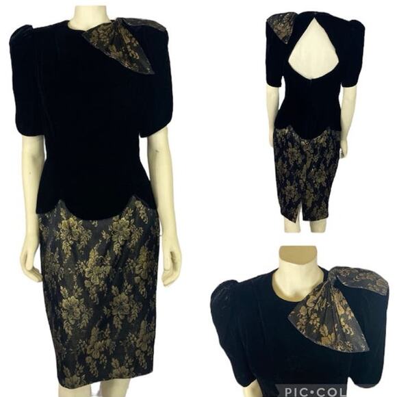 Vintage 80s Scott McClintock Black Velvet Gold Floral Open Back Dress size 10 - Picture 1 of 16